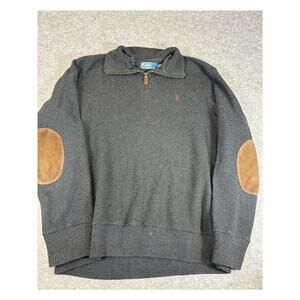 Vintage 90s Polo Ralph Lauren Sweater Mens L Gray 1/4 Zip Pullover Elbow Patch